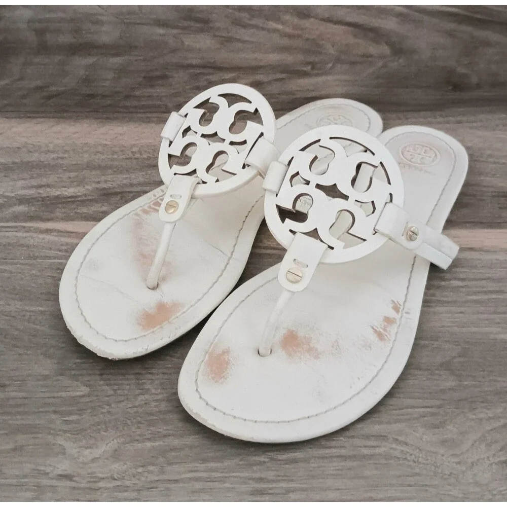 Tory Burch Miller Thong Sandal Ivory Smooth Leather w Dustbag Sz 9M